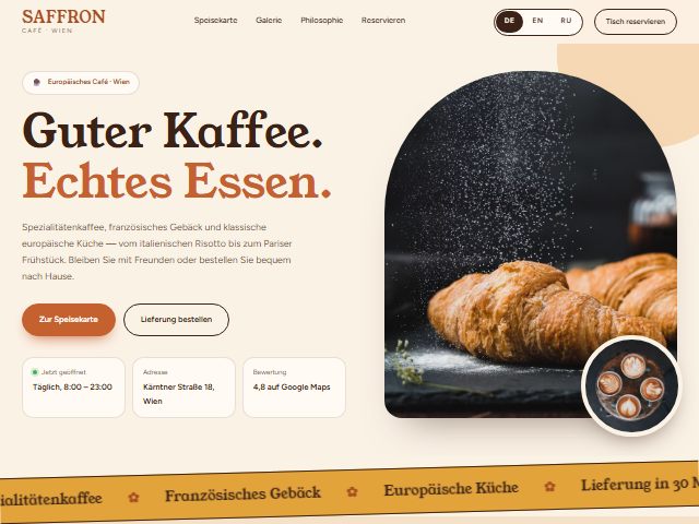Saffron Café: the top of the website